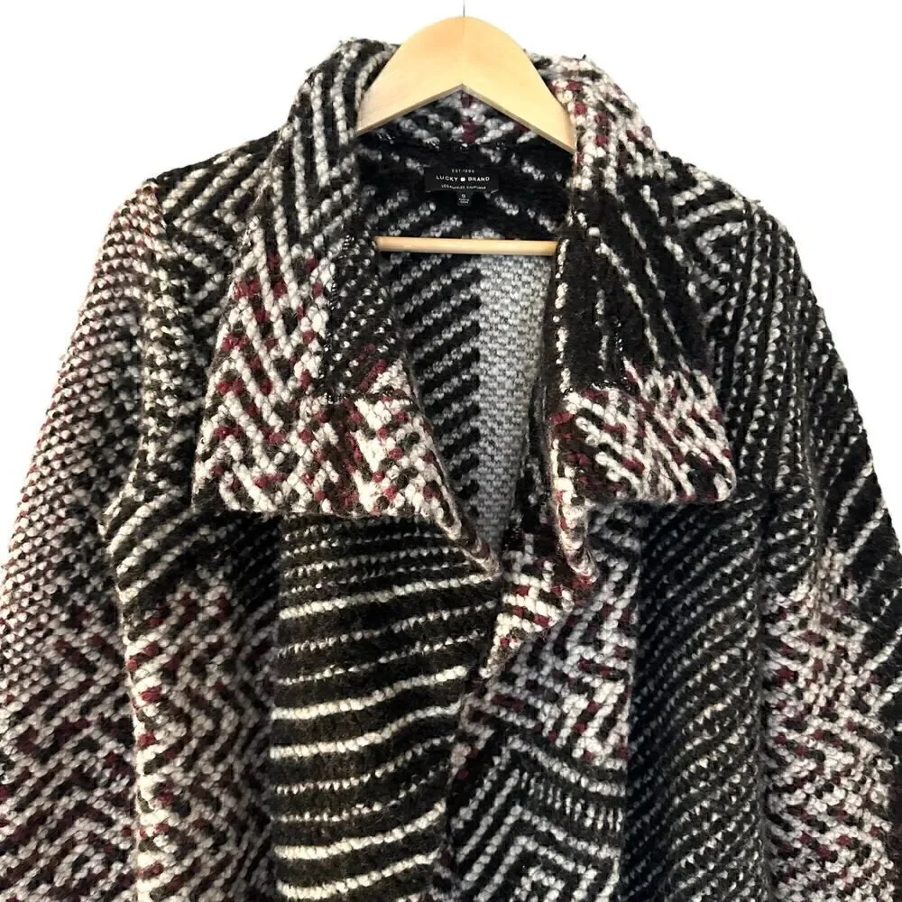 Lucky Brand Red Black White Wool Blend Chunky Aztec Open Cardigan Sweater Size S